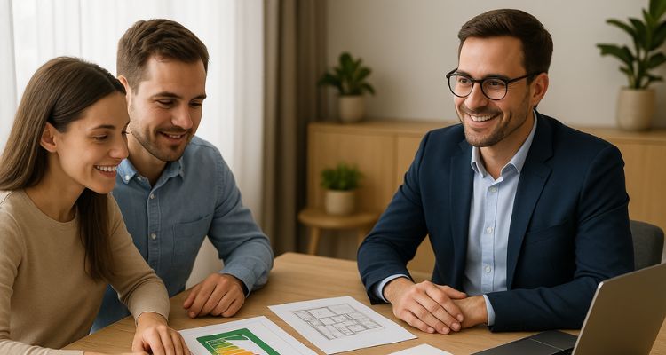 Couple discussing modular home financing with advisor, reviewing energy certificate and building plans in a bright office setting.