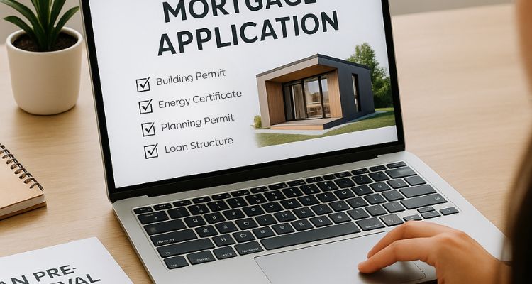 Woman reviewing a mortgage application checklist for a modular home on her laptop, with loan pre-approval forms and documents on a desk in a bright, minimal workspace.